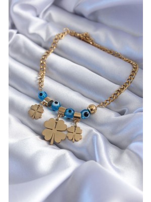 Clariss 316L Çelik Gold Renk Yonca Model Nazar Boncuk Detay Kadın Bileklik