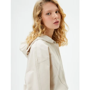 Paraşüt Kapşonlu Crop Sweatshirt Yarım Düğmeli Beli Lastikli Uzun Balon Kol Pamuklu