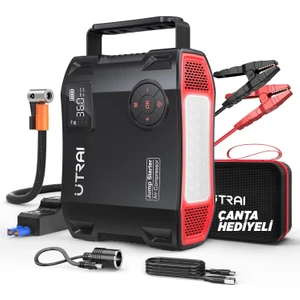 Utraı Jstar 5 24000MAH 2000A Jump Starter Taşınabilir Akü Takviye Cihazı + Lastik Şişirme Hava Kompresörü ( Çanta + LCD Ekran + Powerbank + LED Lamba)