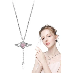 Takı Dükkanı Hareketli Kanatlı Kalpli Pembe Taşlı Kadın Çelik Kolye ECK49B