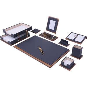 Güner Ofis Star Lüks Deri Sümen Takımı Gri 11 Parça İkili Evrak Raflı İsimlik