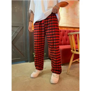 Harajuku Kare Ekose Desenli Kırmızı Rahat Kesim Pijama Eşofman Altı