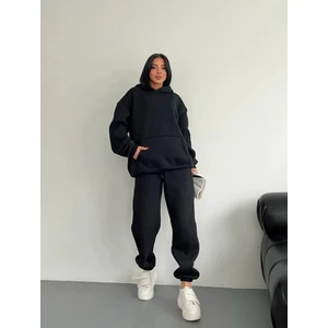 Limited Edition Premium Siyah 2'li Takım Oversize Kışlık Sweatshirt-Eşofman Altı Takım