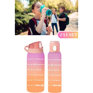 Okul ve Sporcu Matarası Suluk, Motivasyonel Su Şişesi 2’li Set Turuncu (1000ML+750 Ml)