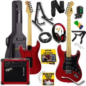 RPH-40RD-25AMP 25W Şarjlı Bt Amfili Elektro Gitar Seti Hsh Manyetik Maple Klavye