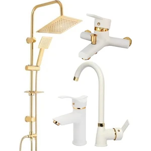 Elmina Armatür Kare Gold Robot Set, Beyaz Gold Kartal Lavabo, Mutfak Eviye, Banyo Bataryası Musluğu 4'lü Set