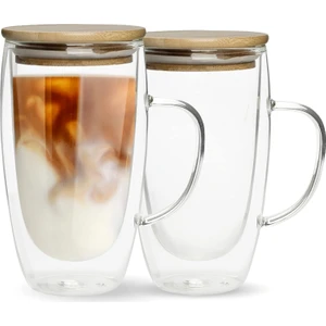 Çift Duvarlı Cam Kahve Kupaları Saplı ve Bambu Kapaklı Benzersiz Yalıtımlı Kahve Kupaları, Kahve Çay Latte Cappuccino Espresso 15OZ Için Şeffaf Cam Bardaklar (2'li Set) (Yurt Dışından)