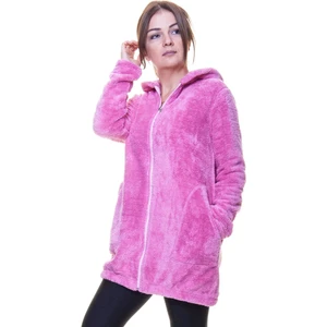 Kadın Pembe Kışlık Kapüşonlu Fermuarlı Peluş Üst Hırka 3D-6039
