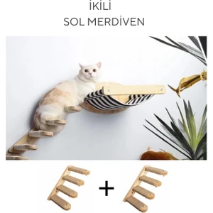 Kedi Yatağı, Kedi Yuvası, ve Kedi duvar yatağı, Kedi merdiveni, 2 adet Sol Tip Kedi Tırmanma Merdiveni, 3lü Ahşap Set, BuShop Black Zebra Serisi