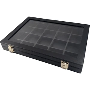 Özer Kutu Camlı  Kapaklı 20 Bölmeli Takı Tablası  Siyah /siyah Içi Deri