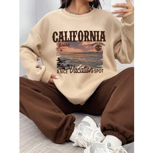 Kadın Vizon California Seaside Baskılı Oversize Alt Üst Eşofman Takımı