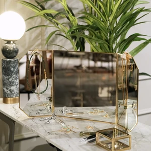 60x30cm Makyaj Aynası Pirinç Gold Masaüstü El Yapımı Dekoratif