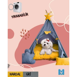 Mavi Vitrin Küçük Irk Köpek ve Kedi Çadırı Yıkanabilir Soft Yırtılmaz Kumaş Doğal Ahşap