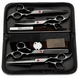 8 Parça 7.0 Inch 18 cm Deri Çantalı Siyah Ayar Yapılabilen Berber Kuaför Saç Makas Seti