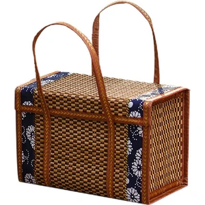 Piknik Dokuma Sepet Hasır Saklama Çantası Kolu Katlanmış Meyve Alışveriş Gıda Kolu Rattan Çim Katlanabilir Bambu Sepet B (Yurt Dışından)