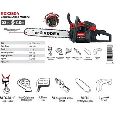 Rodex RDX2504 Benzinli Hızar Ağaç Kesme Motoru 50 cm 38 Diş Fiyatı