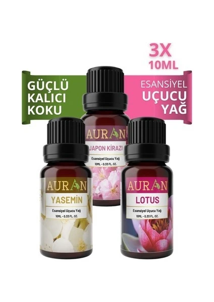 Yasemin, Lotus, Japon Kirazı Saf Esansiyel Uçucu Yağ Buhurdanlık Yağ Difüzör Esans Aromatera 3x10 ml