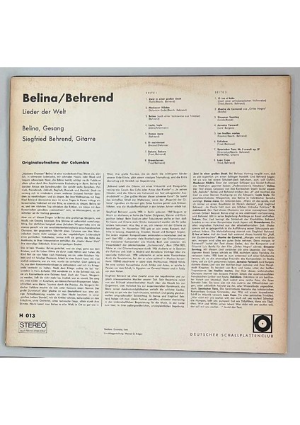 Belina & Behrend Lieder Der Welt Lp Plak (Orjinal Alman Baskı)