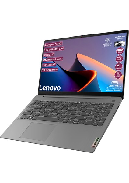 IdeaPad Amd Ryzen 7 5700U 8GB 512GB SSD 15.6" FHD Freedos Taşınabilir  Bilgisayar 82KU00T7TX