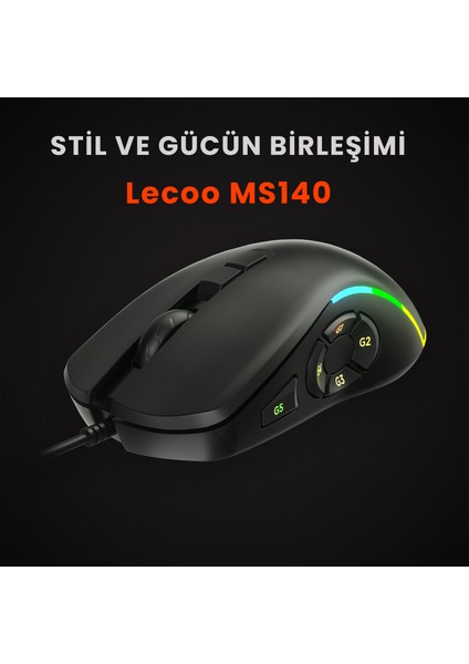 Lenovo Lecoo MS140 Kablolu RGB LED Aydınlatmalı 6400DPI 10 Makro Tuşlu 500Hz Gaming Mouse Siyah