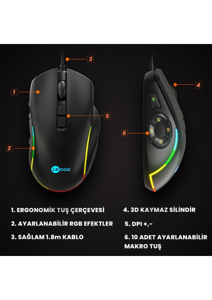 Lenovo Lecoo MS140 Kablolu RGB LED Aydınlatmalı 6400DPI 10 Makro Tuşlu 500Hz Gaming Mouse Siyah