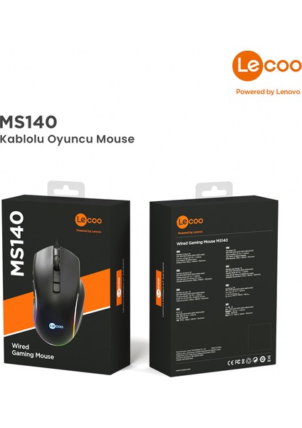 Lenovo Lecoo MS140 Kablolu RGB LED Aydınlatmalı 6400DPI 10 Makro Tuşlu 500Hz Gaming Mouse Siyah