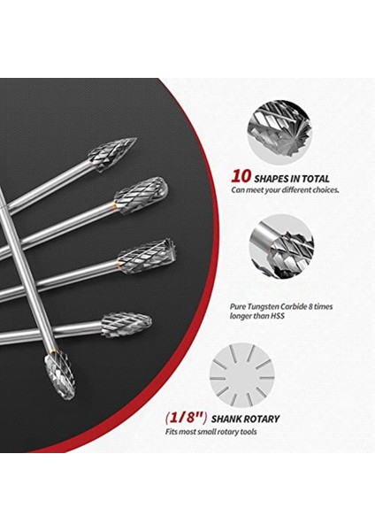 Inç 10 Adet Karbür Çapak Seti, Çift Kesim Tungsten 3mm (1/8 Inç) Karbür Döner Çapak Döner Dosyaları Elmas Burs Bit (Yurt Dışından)