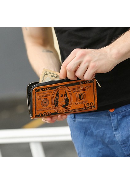Pu Deri Cüzdan Kart Sahibi Billfold Madeni Para Nakit Depolama Çantası Retro Baskılı Dolar Deseni (Yurt Dışından)