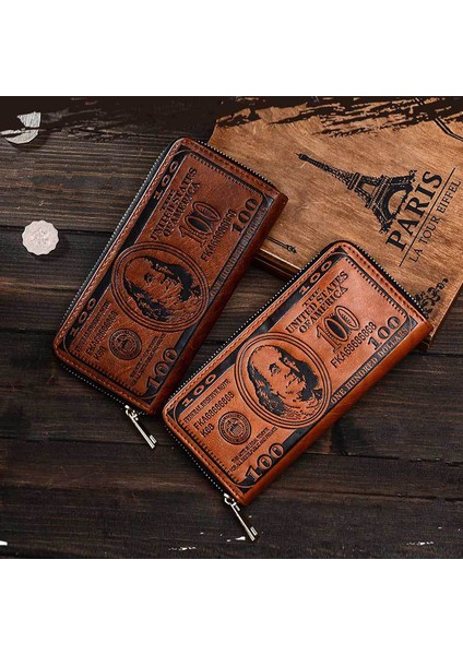 Pu Deri Cüzdan Kart Sahibi Billfold Madeni Para Nakit Depolama Çantası Retro Baskılı Dolar Deseni (Yurt Dışından)