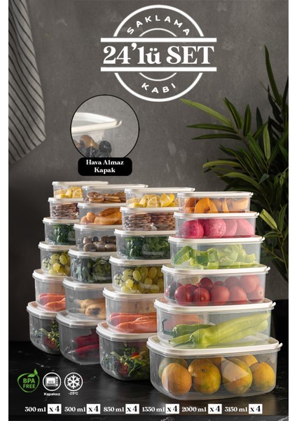 24'lü Sweet Box Saklama Kabı Seti Dikdörtgen Erzak Kabı Kavanoz Bej 4X(300-500-850-1350-2000-3150ML)
