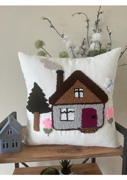 Punchhatolyesii Ev Desen Elyapımı Kırlent Kılıfı Ekru Renk 43X43 cm