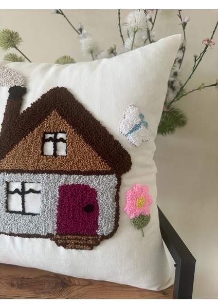 Punchhatolyesii Ev Desen Elyapımı Kırlent Kılıfı Ekru Renk 43X43 cm modelleri