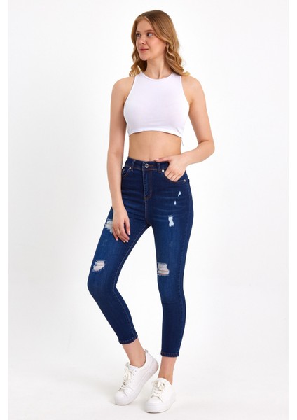 Lazer Detaylı Yüksek Bel Mavi Skinny Jean