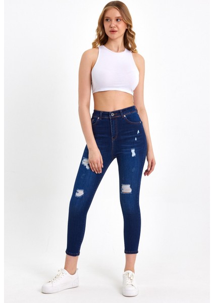 Lazer Detaylı Yüksek Bel Mavi Skinny Jean modelleri