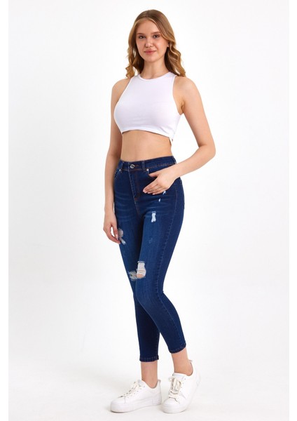 Lazer Detaylı Yüksek Bel Mavi Skinny Jean indirimleri