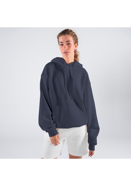 Friday Offset Agar Kadın Koyu Mavi Kanguru Cepli Kapüşonlu Oversize Hoodie Sweatshirt