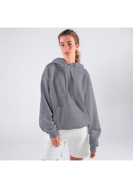 Friday Offset Agar Kadın Gri Melanj Kanguru Cepli Kapüşonlu Oversize Hoodie Sweatshirt