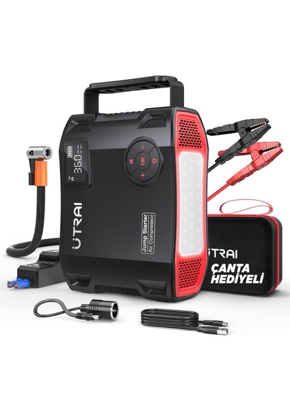 Utraı Jstar 5 24000MAH 2000A Jump Starter Taşınabilir Akü Takviye Cihazı + Lastik Şişirme Hava Kompresörü ( Çanta + LCD Ekran + Powerbank + LED Lamba)