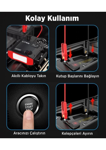 Utraı Jstar 5 24000MAH 2000A Jump Starter Taşınabilir Akü Takviye Cihazı + Lastik Şişirme Hava Kompresörü ( Çanta + LCD Ekran + Powerbank + LED Lamba)