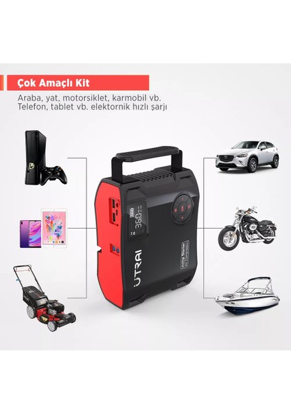 Utraı Jstar 5 24000MAH 2000A Jump Starter Taşınabilir Akü Takviye Cihazı + Lastik Şişirme Hava Kompresörü ( Çanta + LCD Ekran + Powerbank + LED Lamba)