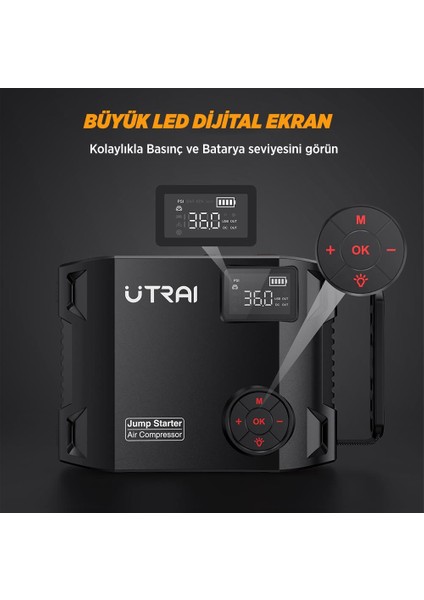 Utraı Jstar 5 24000MAH 2000A Jump Starter Taşınabilir Akü Takviye Cihazı + Lastik Şişirme Hava Kompresörü ( Çanta + LCD Ekran + Powerbank + LED Lamba)