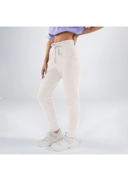 Friday Offset Agar Kadın Off White Cepli Lastikli Jogger Pantalon Eşofman Altı