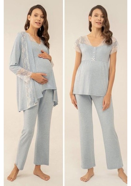 Feyza 4049 Mavi Dantel Detaylı Sabahlıklı Lohusa Pijama Takımı