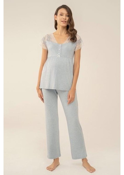 Feyza 4049 Mavi Dantel Detaylı Sabahlıklı Lohusa Pijama Takımı fiyatları
