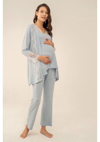 Feyza 4049 Mavi Dantel Detaylı Sabahlıklı Lohusa Pijama Takımı fırsatları