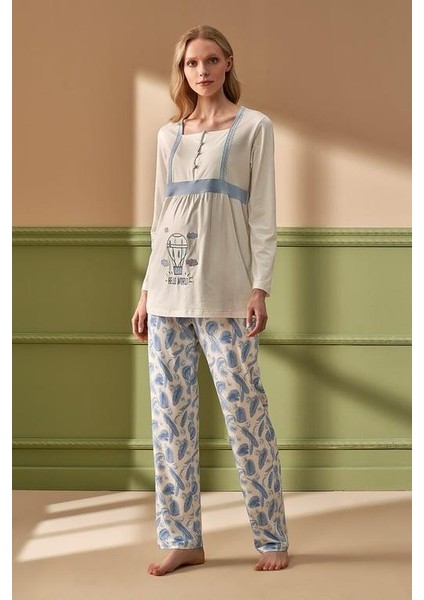 Feyza 4277 Welsoft Mavi Yelekli Sabahlıklı Lohusa Pijama Takımı