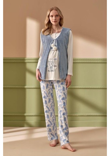 Feyza 4277 Welsoft Mavi Yelekli Sabahlıklı Lohusa Pijama Takımı fiyatları