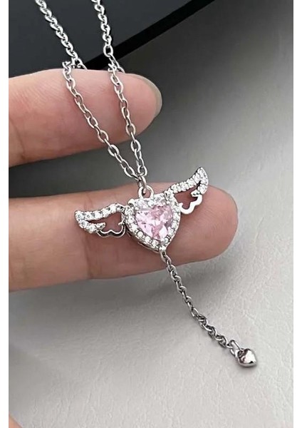 Hareketli Kanatlı Kalpli Pembe Taşlı Kadın Çelik Kolye ECK49B fırsatları
