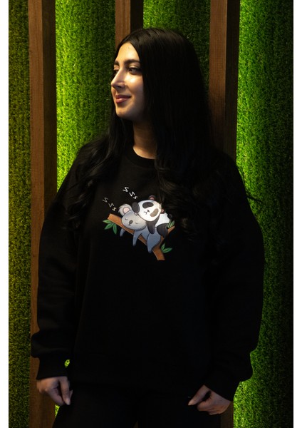 Koala And Panda Özel Tasarım Oversize Crop Sweatshirt