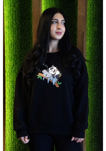 Koala And Panda Özel Tasarım Oversize Crop Sweatshirt